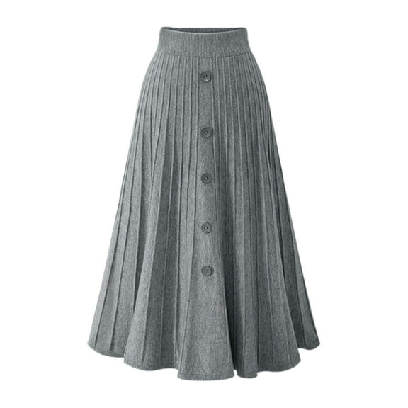 Fgnfyis High Waist A-line Knit Pleated Midi Skirt for Women Button Front Ribbed Flared Skirt Fall Winter Fashion Long Skirts Grey M