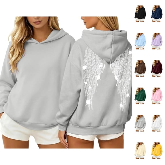Fgnfyis Hoodies for Women Loose Fit Design Rhinestone Back Graphic Pullover Hoodie Long Sleeve Casual Womens Sweatshirt Grey_001 S