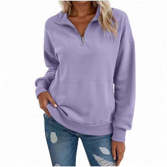 Fgnfyis Hoodless Sweatshirt Women Solid V Neck Long Sleeve Zippered Pocket Pullover for Casual and Sports Purple S