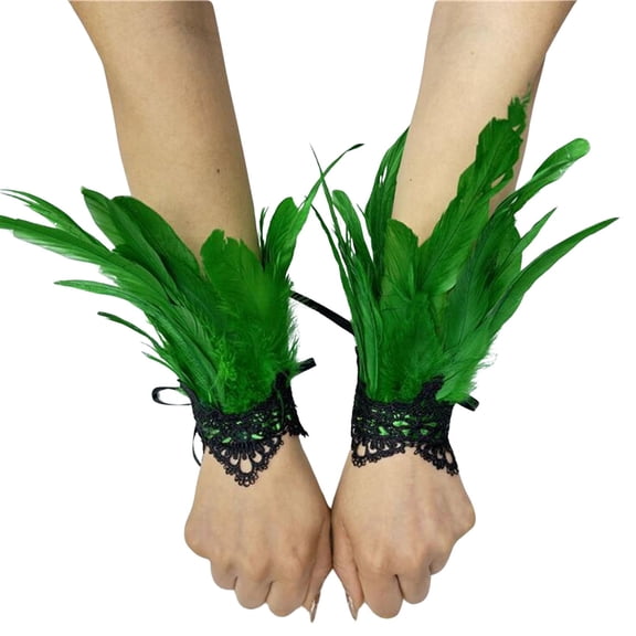 Fgnfyis Imitation Pearl Feather Sleeves Solid Color Wrist Decoration for Halloween Masquerade Party Ethnic Gothic Style Accessory Light Green