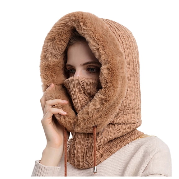 Fgnfyis Integrated Hood Cap for Women, Winter Warm Hat Cold-Proof Outdoor Headgear for Ski - Winter Hats for Women Khaki_001