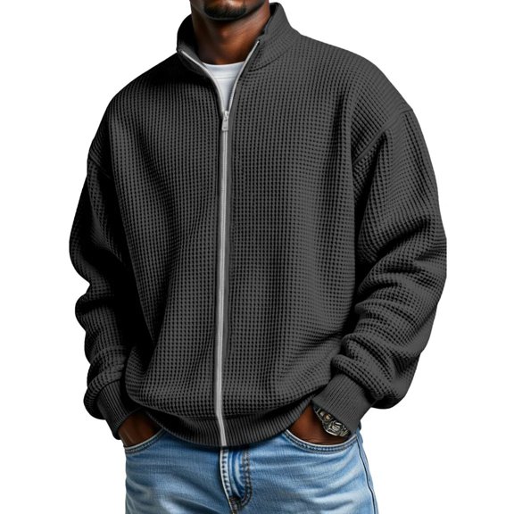Fgnfyis Jacket for Men Casual Lightweight Textured Stand Collar Zippered Outerwear for Daily Streetwear and Stylish Winter Coats for Men Black XXXL