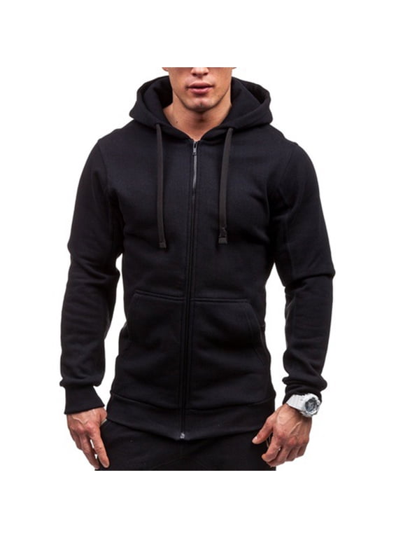 Jacket for Men Fashion Zipper Hooded Casual Sweater Top Solid Stitching Drawstring Coat Pullover Long Sleeve Mens Winter Coat Black M