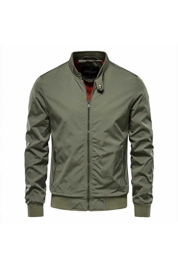 Jacket for Men Lightweight Windbreaker Slim Fit Coat Outerwear Stand Collar Korean Style Casual Long Sleeve Winter Coats for Men Green L