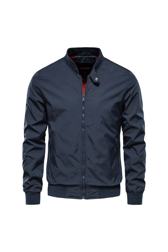 Jacket for Men Lightweight Windbreaker Slim Fit Coat Outerwear Stand Collar Korean Style Casual Long Sleeve Winter Coats for Men Navy L