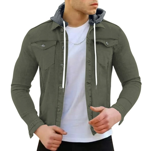 Fgnfyis Jacket for Men Spring Autumn Fashion Leisure Solid Color Buckle Lapel Slim Denim Jacket Coat Top Blouse Hooded Mens Winter Coat Army Green L