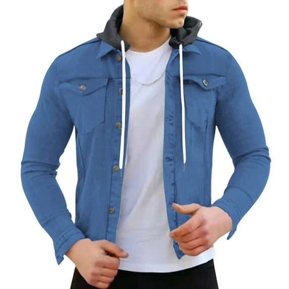 Fgnfyis Jacket for Men Spring Autumn Fashion Leisure Solid Color Buckle Lapel Slim Denim Jacket Coat Top Blouse Hooded Mens Winter Coat Blue XL