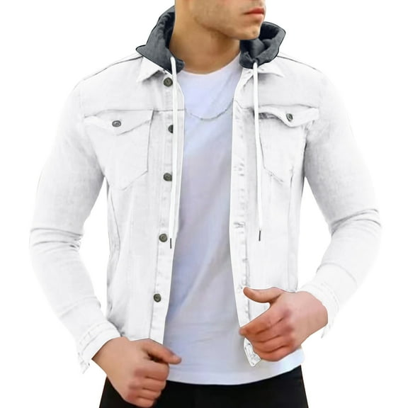 Fgnfyis Jacket for Men Spring Autumn Fashion Leisure Solid Color Buckle Lapel Slim Denim Jacket Coat Top Blouse Hooded Mens Winter Coat White M
