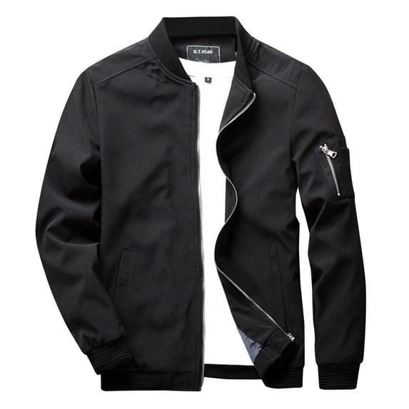 Fgnfyis Jackets for Men Casual Solid Color Stand Collar Full Zip Long Sleeve Pocket Lightweight Loose Trench Coat Coats for Men Black XXXL