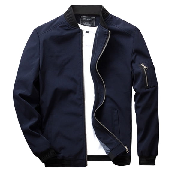 Fgnfyis Jackets for Men Casual Solid Color Stand Collar Full Zip Long Sleeve Pocket Lightweight Loose Trench Coat Coats for Men Dark Blue M