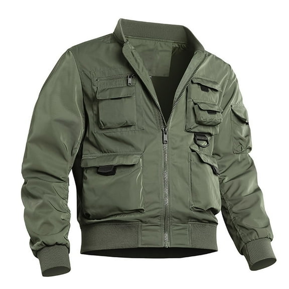 Fgnfyis Jackets for Men Retro Baseball Coat Jacket with Multiple Pockets and Utility Design Casual Outerwear Mens Coat Army Green L