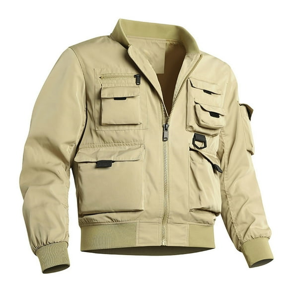 Fgnfyis Jackets for Men Retro Baseball Coat Jacket with Multiple Pockets and Utility Design Casual Outerwear Mens Coat Khaki XXXXL