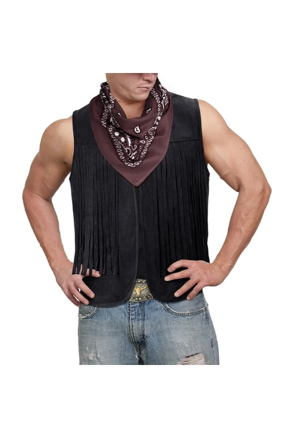 Jackets for Men Western Cowboy Tassel Vest Hat Belt Buckle Paisley Bandana for Halloween Mens Coats and Jackets Black XL