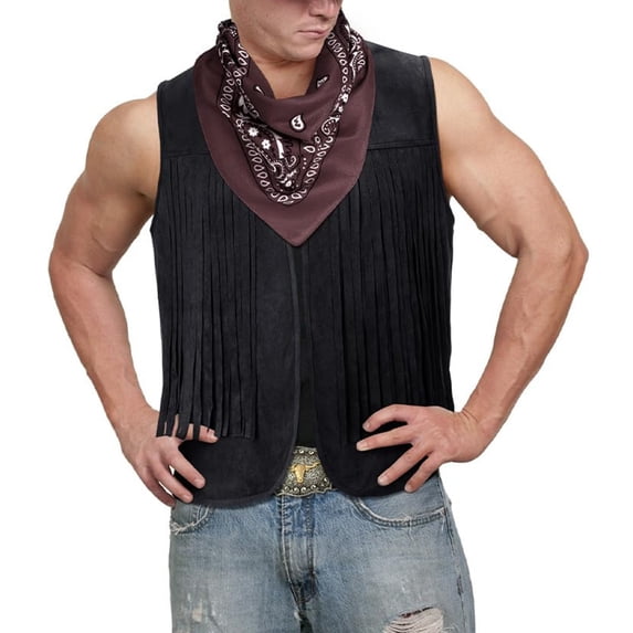Fgnfyis Jackets for Men Western Cowboy Tassel Vest Hat Belt Buckle Paisley Bandana for Halloween Mens Coats and Jackets Black XXL