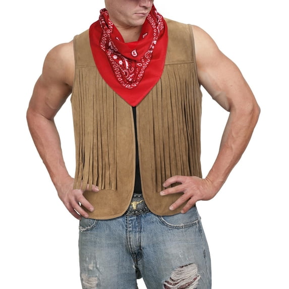 Fgnfyis Jackets for Men Western Cowboy Tassel Vest Hat Belt Buckle Paisley Bandana for Halloween Mens Coats and Jackets Khaki XXL