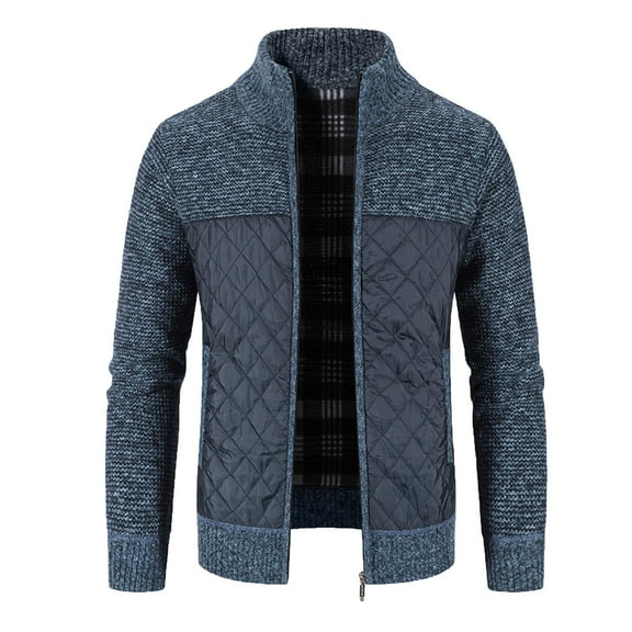 Fgnfyis Jackets for Men Winter Padded Jacket Stand Collar Knitted Splice Sweater Coat Casual Cardigan Stylish Coats for Men Blue M