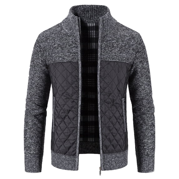 Fgnfyis Jackets for Men Winter Padded Jacket Stand Collar Knitted Splice Sweater Coat Casual Cardigan Stylish Coats for Men Dark Gray XXXL