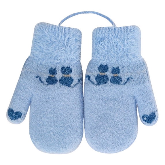 Fgnfyis Kids Winter Gloves Adorable Cat Design Detachable Lanyard Soft Knitted Mittens Boys Girls Outdoor Play Blue