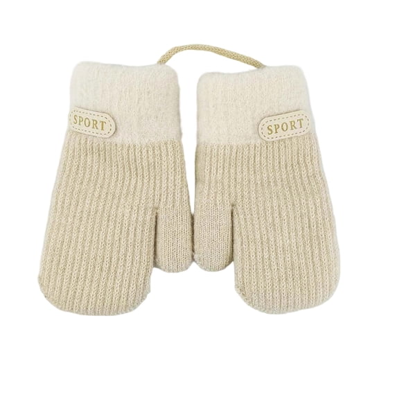 Fgnfyis Kids Winter Knitted Gloves Detachable Lanyard Double Layer Thermal Knitted Leather Patch Boys Girls Beige