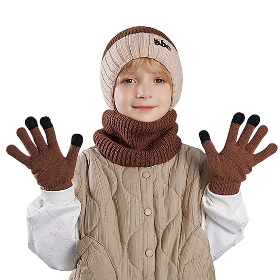 Fgnfyis Kids Winter Warm Wool Lined Hat Scarf and Gloves Set Soft Thermal Cold Weather Accessory for Children Coffee