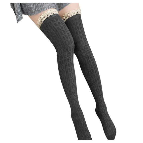 Fgnfyis Knit Solid Cable Stockings for Women Long Knee High Socks with Lace Trim Warm Winter Fashion Ribbed Pattern Dark Gray