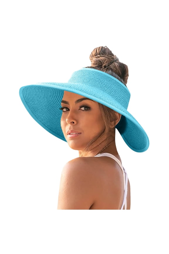 Women Wide Brim Sun Hat Korean Style Open Top Foldable Sunscreen Cap for Beach Outdoor Summer Shade Protection Sky Blue