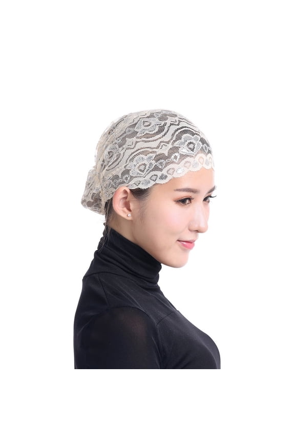 Lace Stretch Turban Wrap Head Scarf Cap for Women Hair Loss Baseball Hat Beige One Size