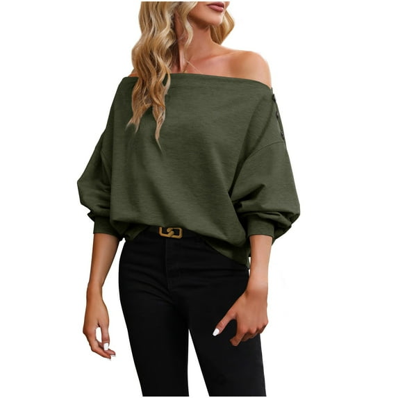 Fgnfyis Ladies Autumn Off Shoulder Sweatshirt Pullover Top for Casual Fashion Wear Green M