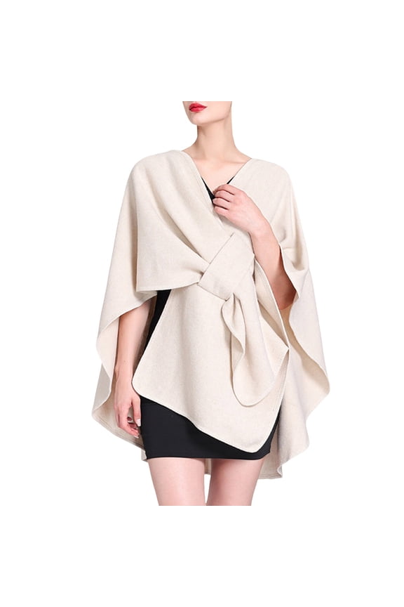Ladies Autumn Winter Hooded Shawl Cape Wool Blend Cardigan Coat with Detachable Collar Beige One Size