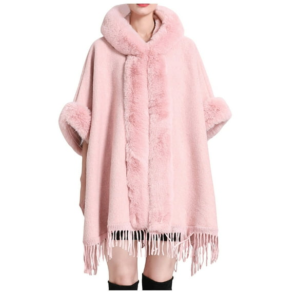 Fgnfyis Ladies Autumn Winter Imitation Collar Hooded Shawl Cape Wool Blend Coat Large Size Cardigan Pink