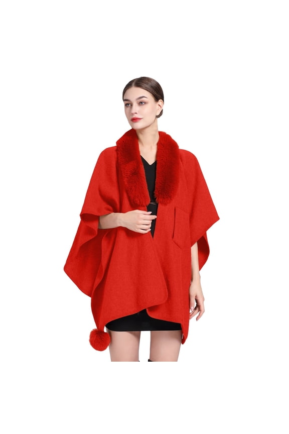 Ladies Autumn Winter Imitation Collar Hooded Womens Wraps Cape Woolen Coat Large Size Cardigan Red
