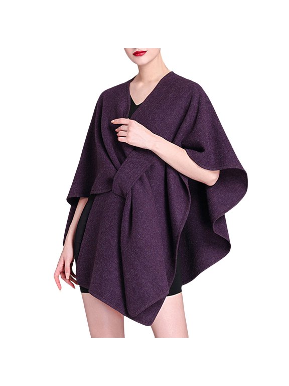 Ladies Autumn Winter Imitation Collar Hooded Wraps for Women Cape Woolen Coat Large Size Cardigan Purple_001