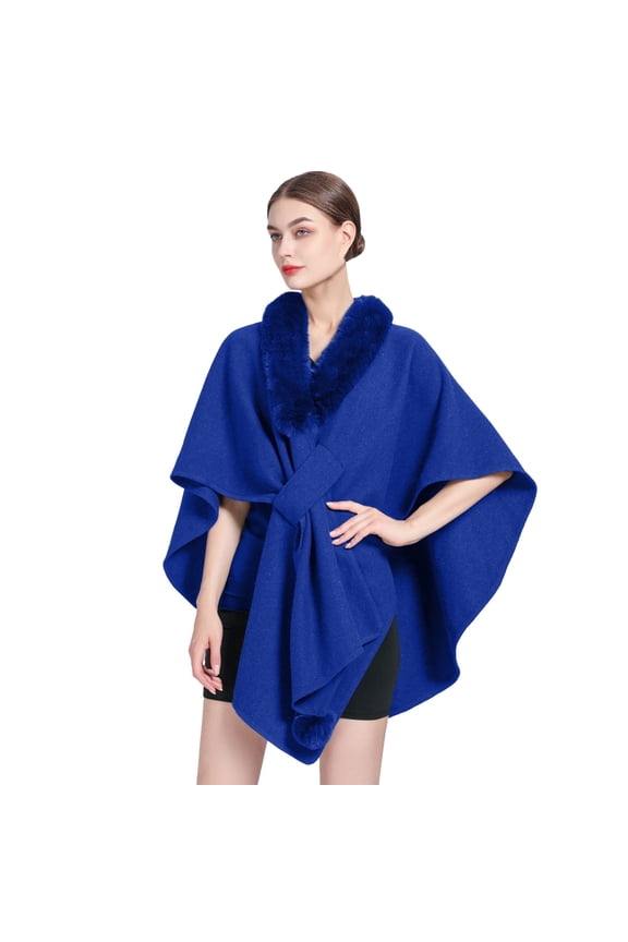 Ladies Autumn Winter Imitation Trim Hooded Shawl Cape Wool Blend Coat Large Size Outerwear Blue