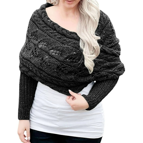 Fgnfyis Women's Fashion Casual Solid Color Crochet Openwork Thick Double Sleeve Shawl Scarf Sweater Wrap for Autumn Winter Outdoor Wear Black