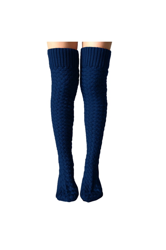 Ladies High Knee High Stockings Warm Knitted Long Socks for Girls Over Knee Christmas Socks Blue
