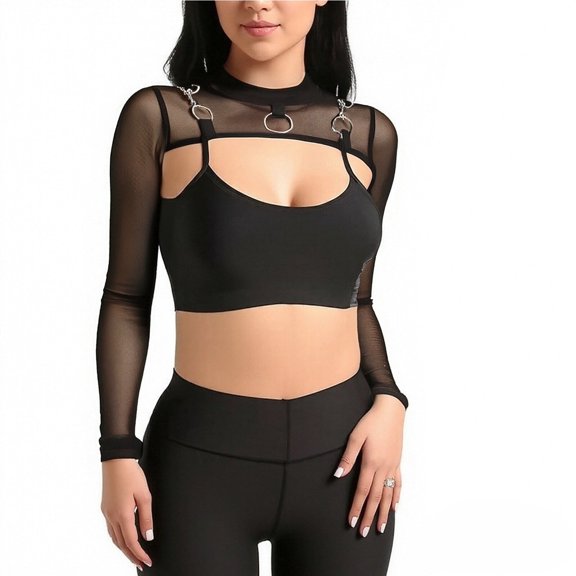 Fgnfyis Ladies Mesh Long Sleeved Semi High Neck Crop Top Transparent Shawl Fishing Net Cover up with Lock Detail Black_002