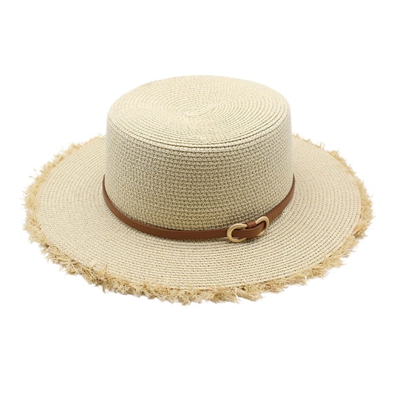 Fgnfyis Ladies Wide Brim Raffia Straw Sun Hat Summer Beach Travel Accessory With Adjustable Belt Beige One Size
