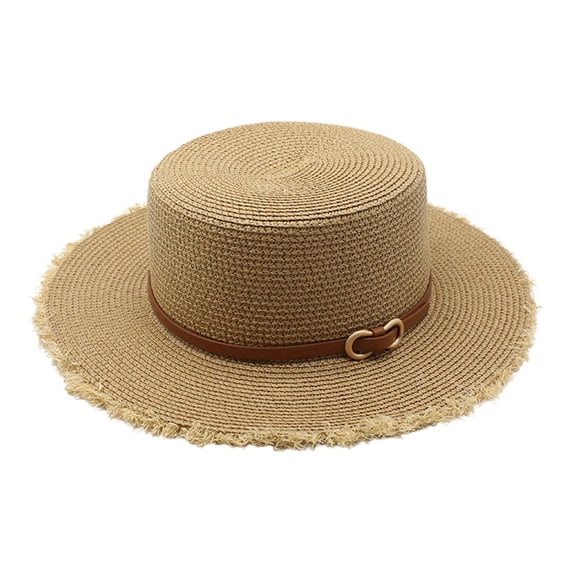 Fgnfyis Ladies Wide Brim Raffia Straw Sun Hat Summer Beach Travel Accessory With Adjustable Belt Khaki One Size