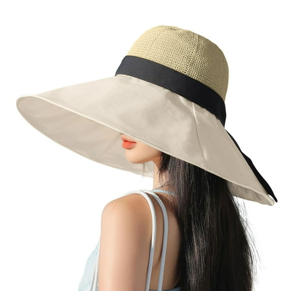 Fgnfyis Lady Wide Brim Sun Hat with Chin Strap Bow for Spring Summer Travel Outdoor Sun Protection Hats for Women Beige
