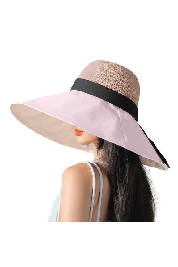 Lady Wide Brim Sun Hat with Chin Strap Bow for Spring Summer Travel Outdoor Sun Protection Hats for Women Pink