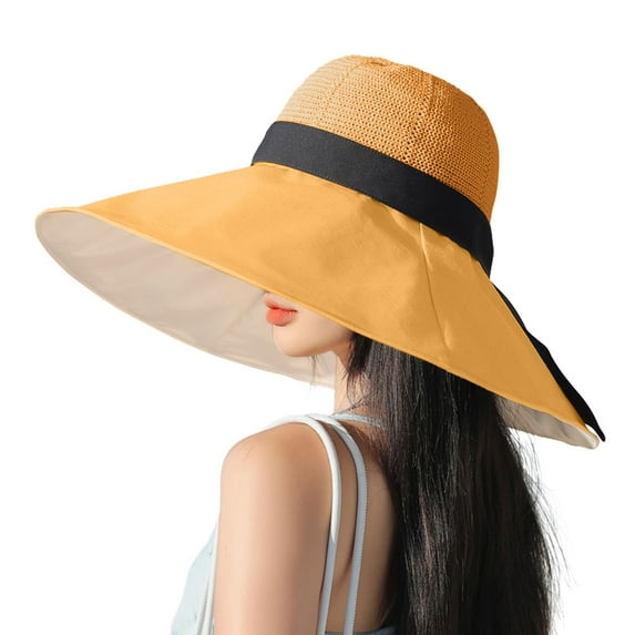Fgnfyis Lady Wide Brim Sun Hat with Chin Strap Bow for Spring Summer Travel Outdoor Sun Protection Hats for Women Yellow