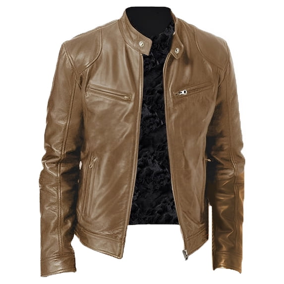 Fgnfyis Leather Coat Men Autumn Winter Stand Collar Zipper Plus Retro Jacket Long Sleeve Mens Jackets Khaki XXL