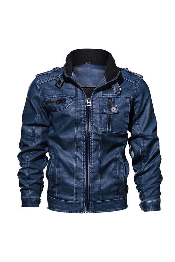 Leather Coat Men Textured Workwear Style Casual Jacket with Multiple Pockets Men Jacket Blue XL