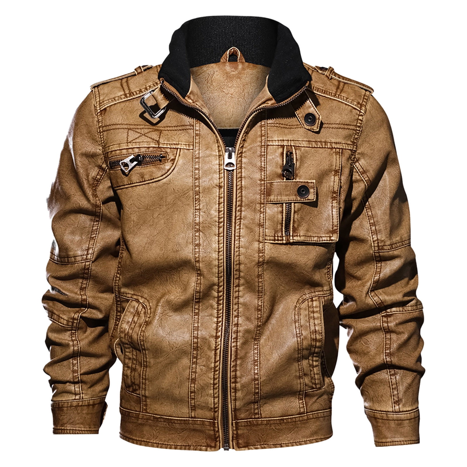 Fgnfyis Leather Coat Men Textured Workwear Style Casual Jacket with Multiple Pockets Men Jacket Khaki XL