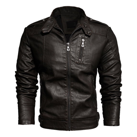 Fgnfyis Leather Jacket Men Autumn Winter Pu Leather Stand Collar Plus Velvet Thickened Motorcycle Trend Coat Winter Jackets for Men Coffee XL