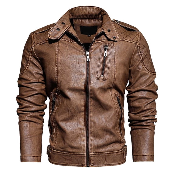 Fgnfyis Leather Jacket Men Autumn Winter Pu Leather Stand Collar Plus Velvet Thickened Motorcycle Trend Coat Winter Jackets for Men Khaki M