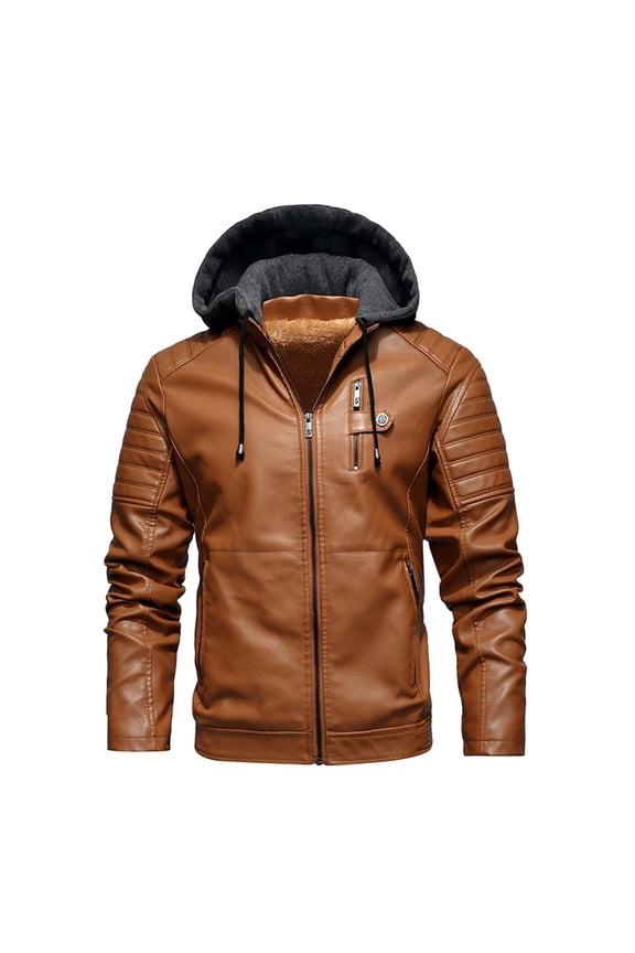 Leather Jacket Men Winter Plus Velvet Leisure Hooded Zipper Short Large Size Fitted Stand Collar Outerwear Winter Coats for Men Yellow XL