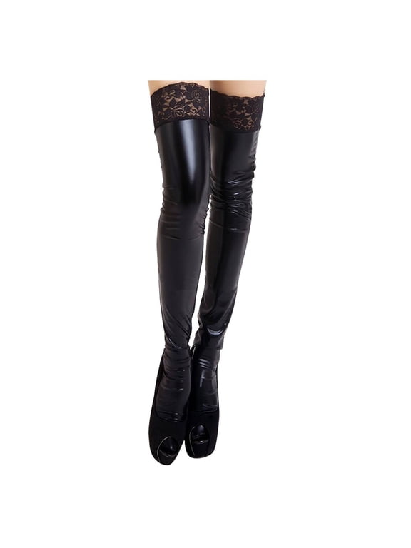 Leather Lace Stockings for Women Shiny Fashionable Dress Socks For Black