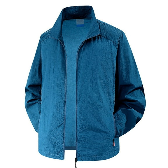 Fgnfyis Lightweight Breathable Men's Outdoor Sun Jacket Summer Casual Stand Collar Shirt Shirts for Men Blue XXL