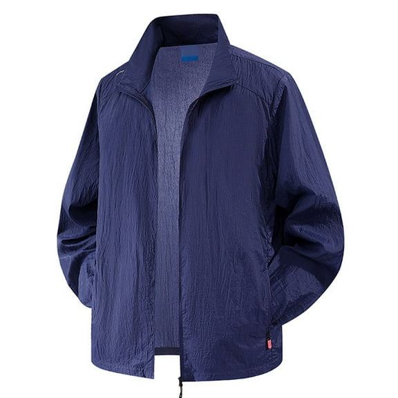 Fgnfyis Lightweight Breathable Men's Outdoor Sun Jacket Summer Casual Stand Collar Shirt Shirts for Men Dark Blue XXL